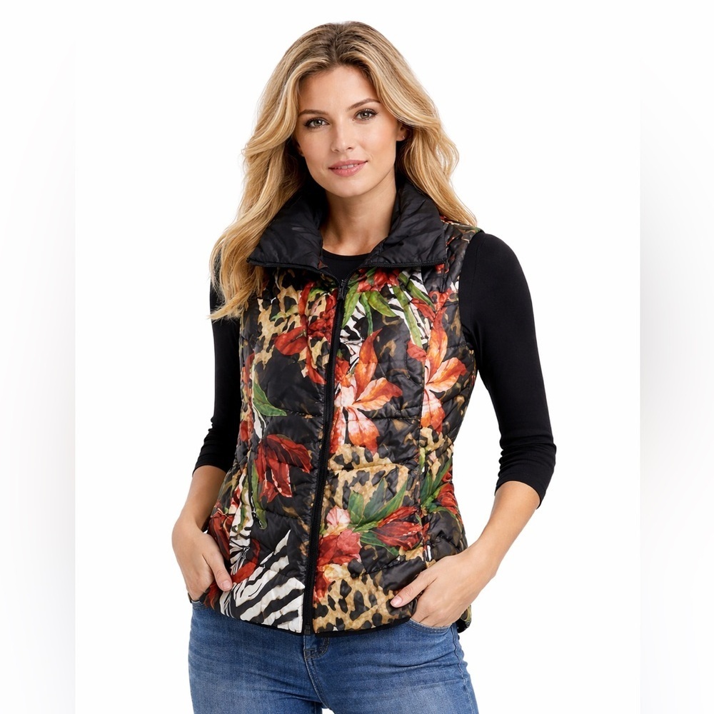 New Chico's Printed Puffer Vest Reversible Animal Print Floral 1 US M/8 Zebra